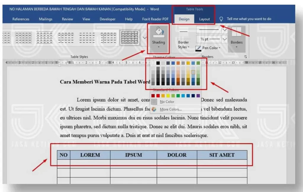 cara manual memberi warna pada tabel word