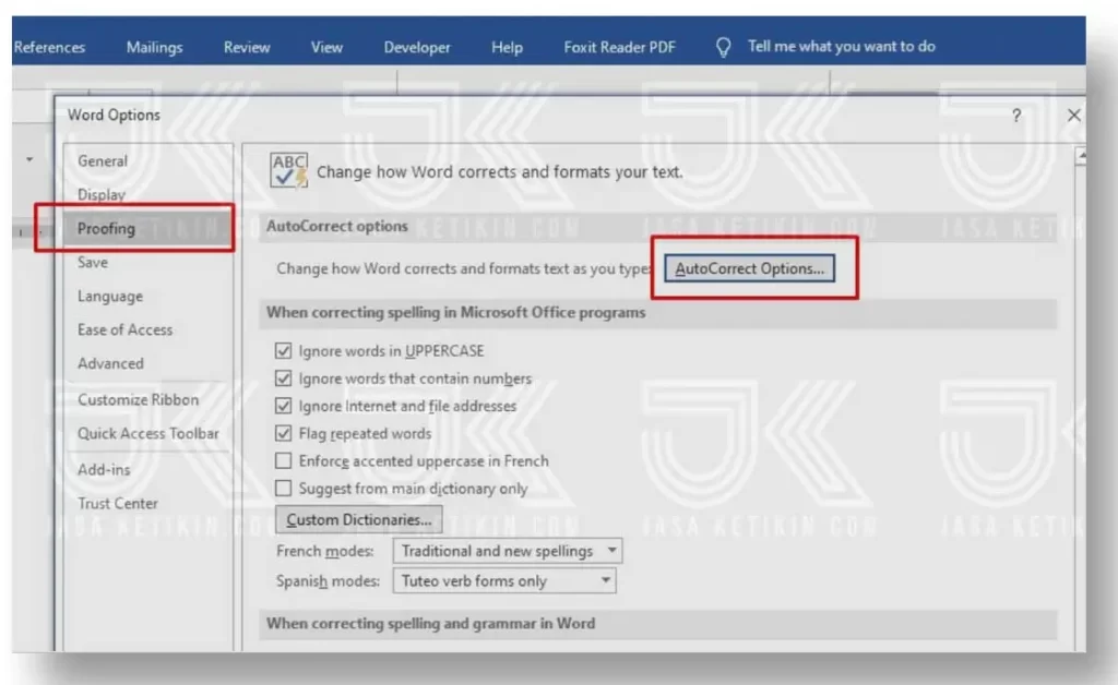 cara menonaktifkan koreksi otomatis di word