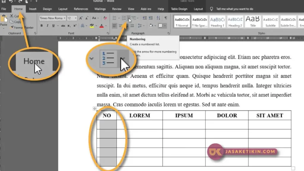 membuat nomor urut di tabel word