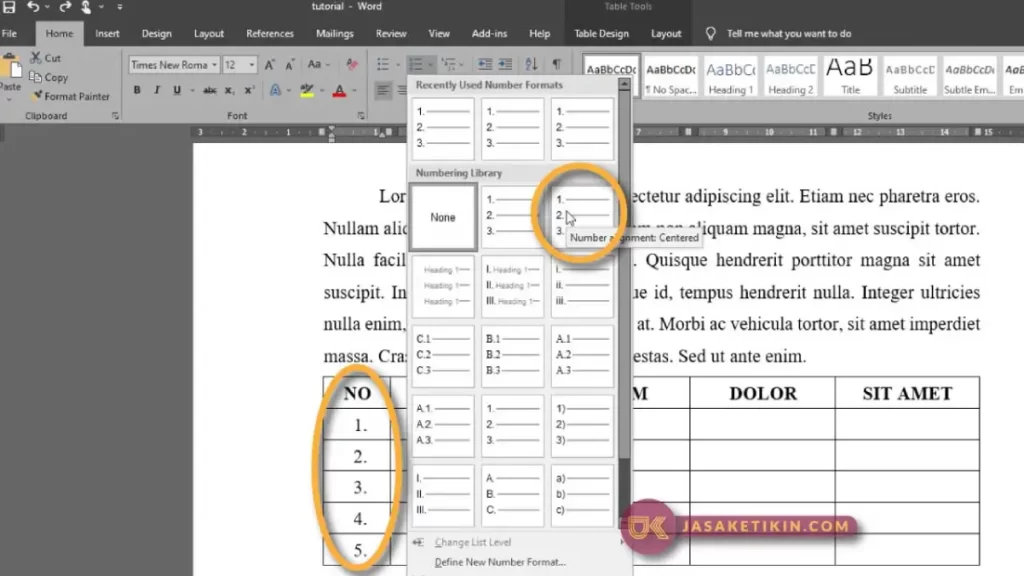 nomor otomatis di tabel word