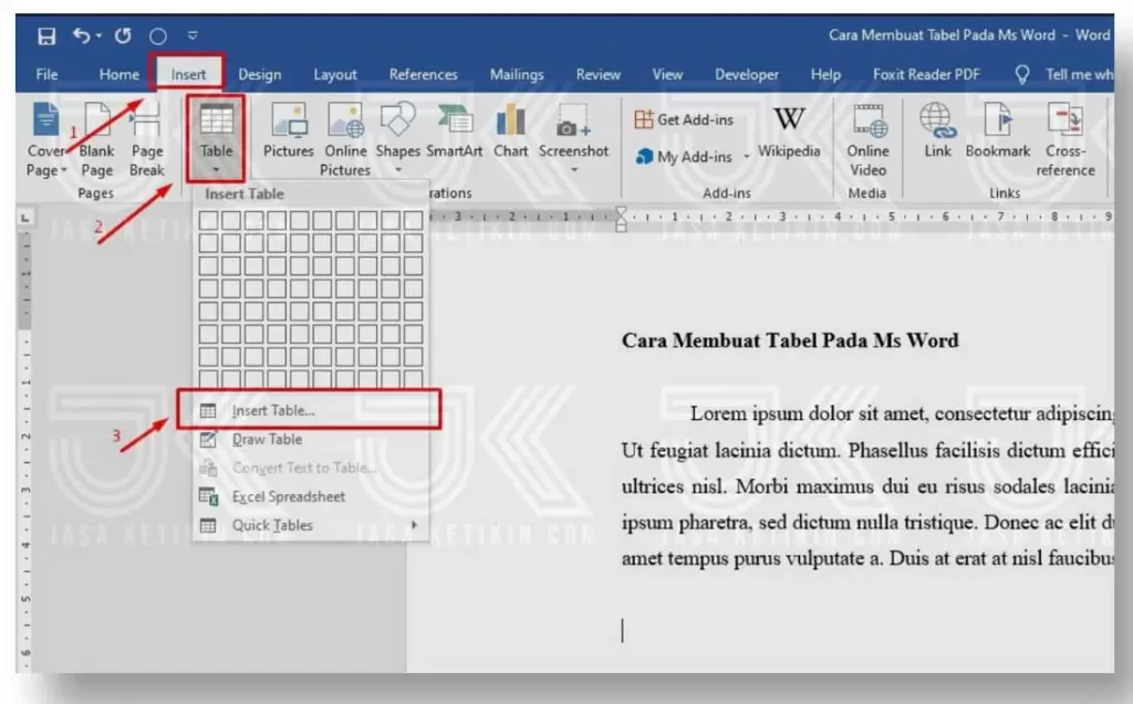 cara membuat table di word