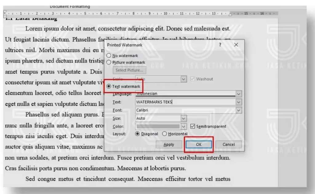 watermark teks di word