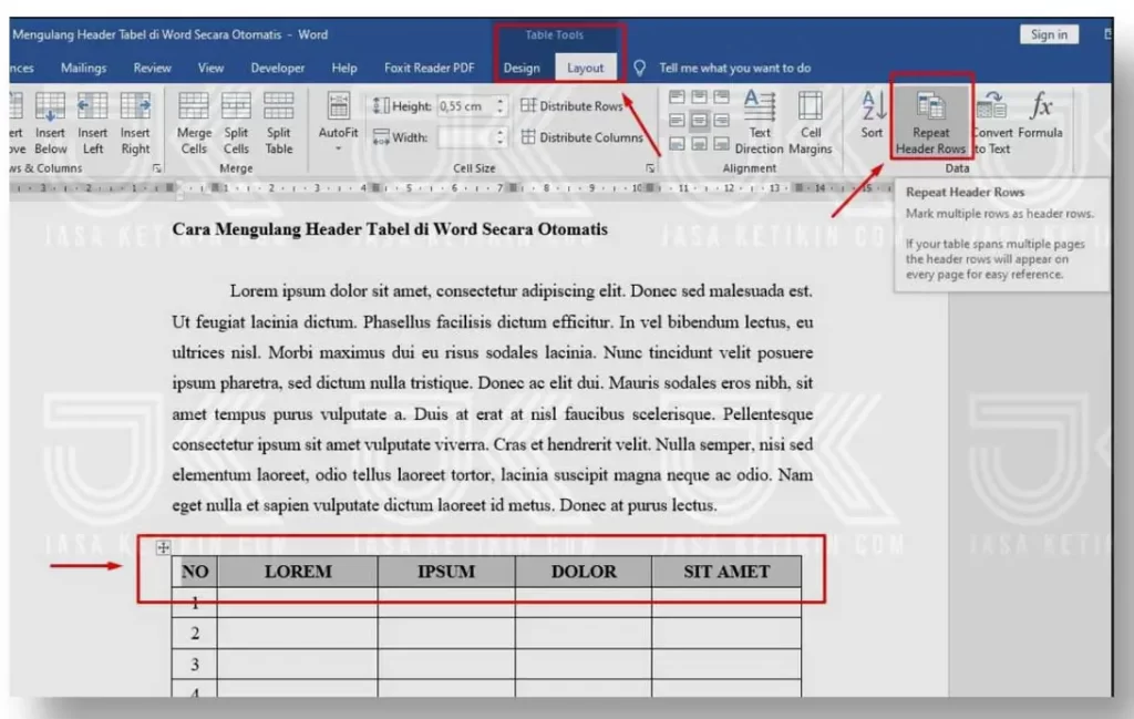 cara repeat header tabel di word